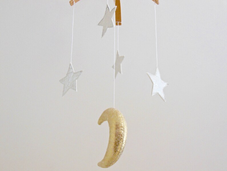 Golden Moon and Silver Star Baby Mobile, Gender Neutral Natural Fiber Astrological Nursery Decor image 9
