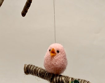 Needle Felted Pink Bird Christmas Ornament, Bird on a Branch Holiday Decor