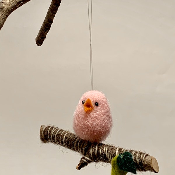 Needle Felted Pink Bird Christmas Ornament, Bird on a Branch Holiday Decor