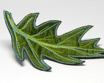 Oak Leaf Hair Clip, Green Silk Embroidered Hair Accessory