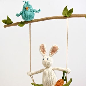 Bunny Baby Mobile, Bird Mobile, Woodland Animal Nursery, Bunny with Carrot, Bunny Crib Mobile, Fiber Sculpture