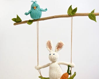 Bunny Baby Mobile, Bird Mobile, Woodland Animal Nursery, Bunny with Carrot, Bunny Crib Mobile, Fiber Sculpture