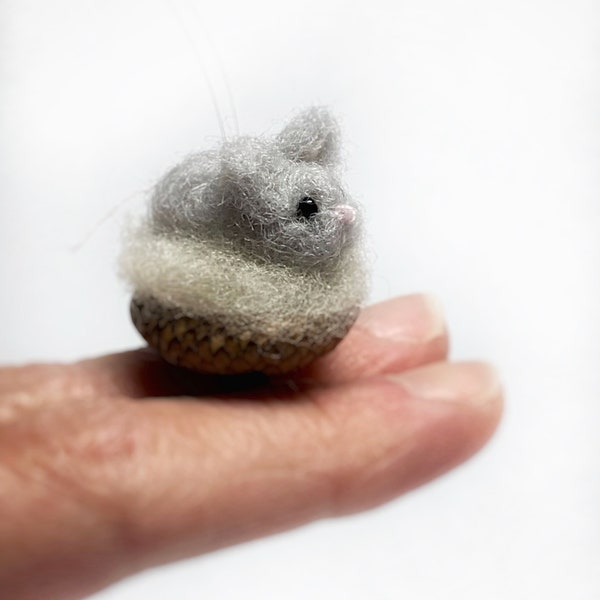Needle Felted Mouse Ornament, Miniature Gray Mouse in Acorn Cap