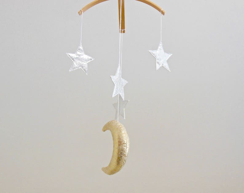 Golden Moon and Silver Star Baby Mobile, Gender Neutral Natural Fiber Astrological Nursery Decor image 8