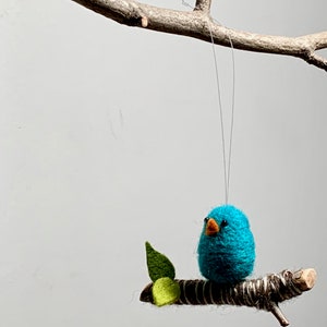 Needle Felted Blue Bird Ornament, Bird on a Branch Ornament, Needle Felted Animal Christmas Ornament