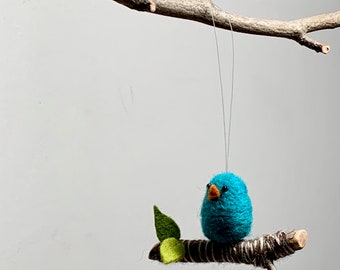 Needle Felted Blue Bird Ornament, Bird on a Branch Ornament, Needle Felted Animal Christmas Ornament