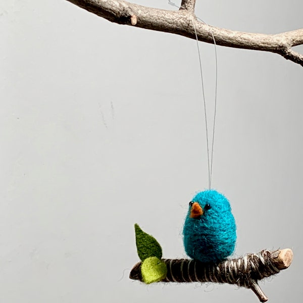 Needle Felted Blue Bird Ornament, Bird on a Branch Ornament, Needle Felted Animal Christmas Ornament