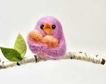 Valentine Ornament, Needle Felted Bird Holding Heart