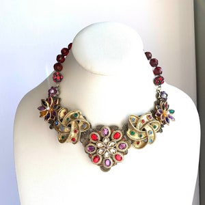 Vintage Floral Statement Necklace: Enamel Brooch, Porcelain Flowers