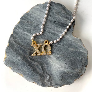Chi Omega Necklace: Rhinestone Greek Letter, Pearl Bead Chain