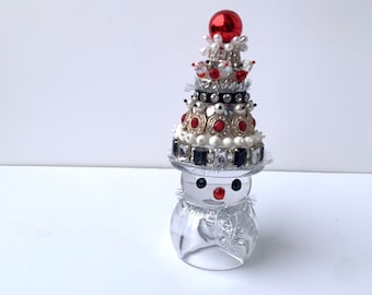 Jewelry Collage Art christmas tree snowman one of a kind Assemblage Vintage Enamel Pearl Bejeweled Floral antique red white black rhinestone