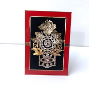 Vintage Jewelry Christmas Tree Art: Rhinestone Collage, Red & Gold Frame