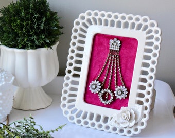 Jewelry Art Collage Vintage Christmas Tree Rhinestone Jeweled Decor White Ceramic Shabby Chic Flower Framed Pink Velvet Holiday Bling xmas