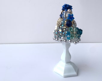 Vintage Jewelry Christmas Tree Art Collage mini Assemblage Repurposed Antique blue Pearl White One of a Kind Holiday Enamel Rhinestone bling