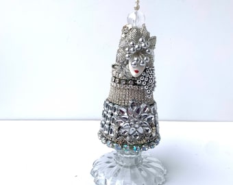 Vintage Jewelry Christmas Tree Art Collage Assemblage Repurposed Antique silver Pearl White One of a Kind Holiday Enamel Rhinestone bling