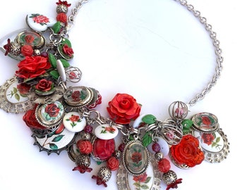 Vintage Rose Statement Necklace and Bracelet 2 in 1 Converts Valentine silver tone Heart One of a kind Choker One of a Kind Susie Kays