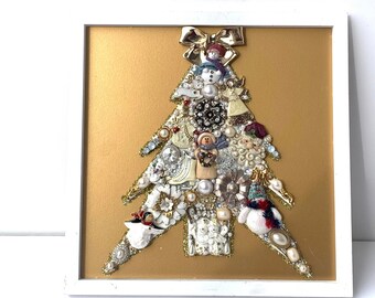 Vintage Jewelry Christmas Tree Art Collage Assemblage Repurposed Antique snowman Gold Pearl White One of a Kind Holiday Enamel Rhinestone