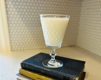 Vintage vessel candle 100% non toxic, Organic Soy and Beeswax non-hormone disrupting up-cycled glass milk-glass etched antique container