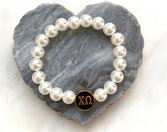 Chi Omega Sorority Bracelet: Faux Pearl Stretch Bracelet with Black Enamel