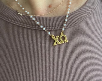 Chi omega necklace Licensed Greek letter pearl Lavalier chi O bead sorority bead jewelry greek letter pendant owl charm delicate chain gift