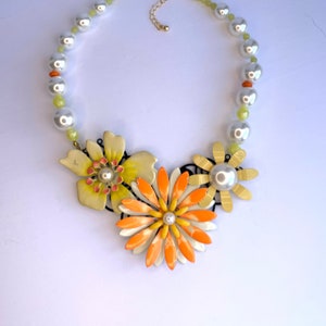 Floral Statement Necklace: Upcycled Vintage Enamel & Porcelain Flowers