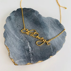 Chi Omega Sorority Necklace Chi O jewelry Script Nameplate Big Little Gift Greek Lavalier Gold Silver