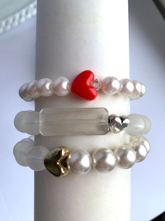 Valentine's Sterling Silver Heart Stretch Bracelet w/ Glass Pearls 5”–12 to 24M Valentine's Sterling Silver Heart Stretch Bracelet w/ Glass Pearls 5”–12 to 24M