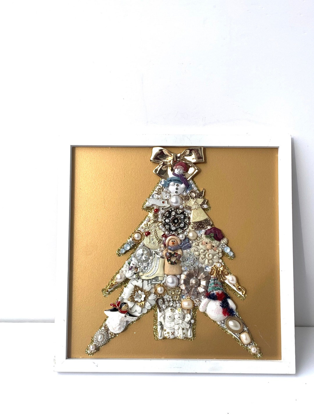 Vintage Jewelry Christmas Tree Art Collage Assemblage Repurposed
