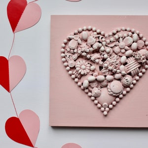 Pink Heart Jewelry Collage Art: Upcycled Vintage Nursery Decor
