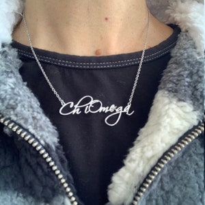 Chi Omega Sorority Necklace: Script Nameplate Chi O Jewelry