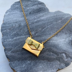 Vintage Brass Envelope Locket Necklace: Floral Enamel Love Letter Pendant