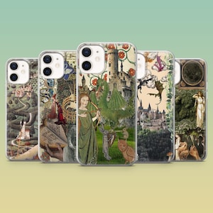 May include: A collection of five phone cases with medieval-themed designs. Each case features a unique collage of castles, figures, and nature elements in various colors. The cases are made of clear plastic, showcasing the detailed artwork.