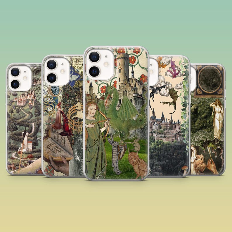 May include: A collection of five phone cases with medieval-themed designs. Each case features a unique collage of castles, figures, and nature elements in various colors. The cases are made of clear plastic, showcasing the detailed artwork.