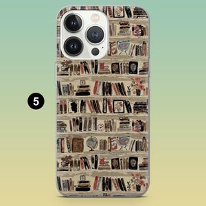 May include: A clear phone case featuring a bookshelf design with various books, a globe, and floral accents. The case has a gradient background and the number "5" in a black circle.