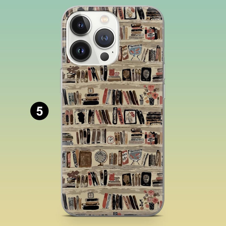 May include: A clear phone case featuring a bookshelf design with various books, a globe, and floral accents. The case has a gradient background and the number "5" in a black circle.
