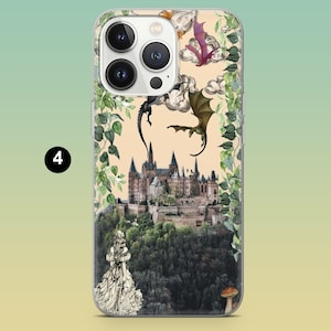 May include: A phone case featuring a fantasy castle scene with dragons, clouds, and a statue. The design includes a castle on a hill, a black dragon, a green dragon, and a border of green leaves. The background is a light beige color.
