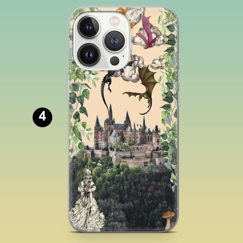 May include: A phone case featuring a fantasy castle scene with dragons, clouds, and a statue. The design includes a castle on a hill, a black dragon, a green dragon, and a border of green leaves. The background is a light beige color.