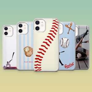 May include: A collection of five phone cases with baseball-themed designs. The cases feature images of baseballs, gloves, bats, and stitching. One case has the words "PLAY BALL" and another has the word "Baseball".