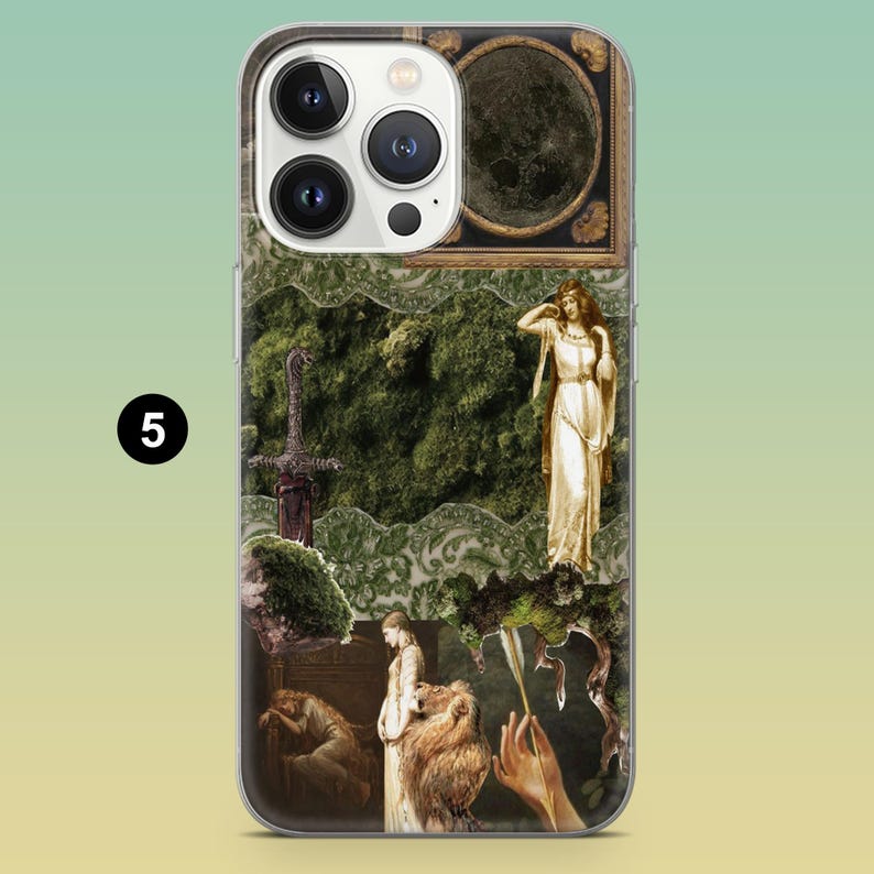 May include: Clear phone case with a collage design. The design includes a framed moon, a woman in a white dress, a sword, and other artistic elements. The background is a mix of green and beige.