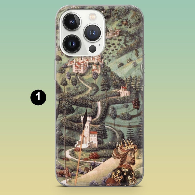 May include: A phone case featuring a medieval map design with a winding road, castles, and a crowned figure. The case has a clear border and a colorful, detailed illustration.