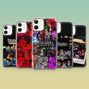 May include: A collection of five clear phone cases with various graphic designs. The cases feature colorful illustrations of characters and the word "FORSAKEN" in a graffiti-style font. The cases are displayed against a light green background.