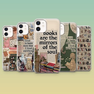 May include: A collection of phone cases with book-themed designs. One case features the text "books are the mirrors of the soul." Other cases display collages with book stacks, quotes, and illustrations.