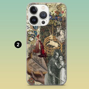 May include: A phone case featuring a medieval tapestry design with a unicorn, figures in period clothing, and floral elements. The case has a clear border and a number "2" in the corner.