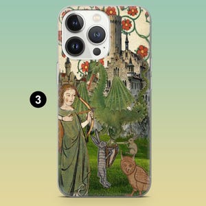 May include: Clear phone case featuring a medieval illustration. The design includes a woman with a bow and arrow, a green dragon, a castle, and various animals. Red floral accents adorn the top. The number "3" is printed on the case.