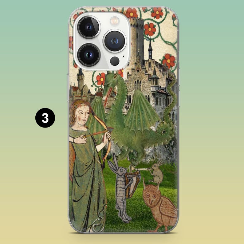 May include: Clear phone case featuring a medieval illustration. The design includes a woman with a bow and arrow, a green dragon, a castle, and various animals. Red floral accents adorn the top. The number "3" is printed on the case.
