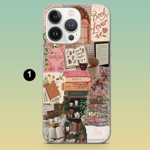 May include: A clear phone case with a collage design featuring books, coffee cups, and floral elements. The case has the words "Book Lover", "Bookish", "Coffee, Books, and Repeat", and "one more chapter". The design is in shades of brown, pink, and green.