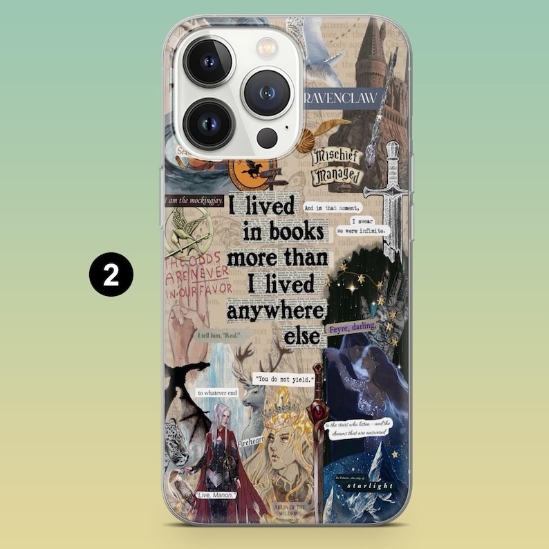 May include: Clear phone case with a collage design featuring text, illustrations, and quotes. The case includes the text "I lived in books more than I lived anywhere else." and other quotes and images.