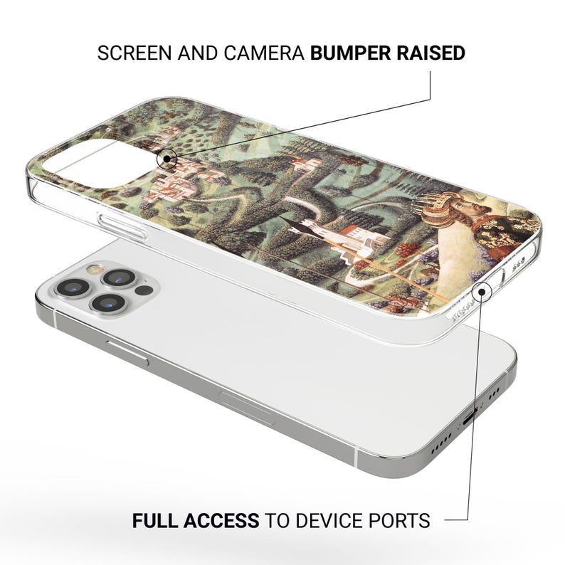 May include: A clear phone case with a colorful, vintage-style design featuring a landscape with buildings and a plane. The case has raised edges for screen and camera protection and full access to device ports.