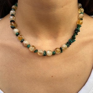 Handmade Citrine and Mother-of-Pearl Beaded Necklace, Bohemian Jewelry