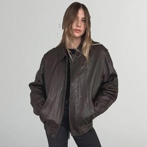 90s Retro Brown Leather Bomber Jacket: Oversized Sheep Leather Outerwear